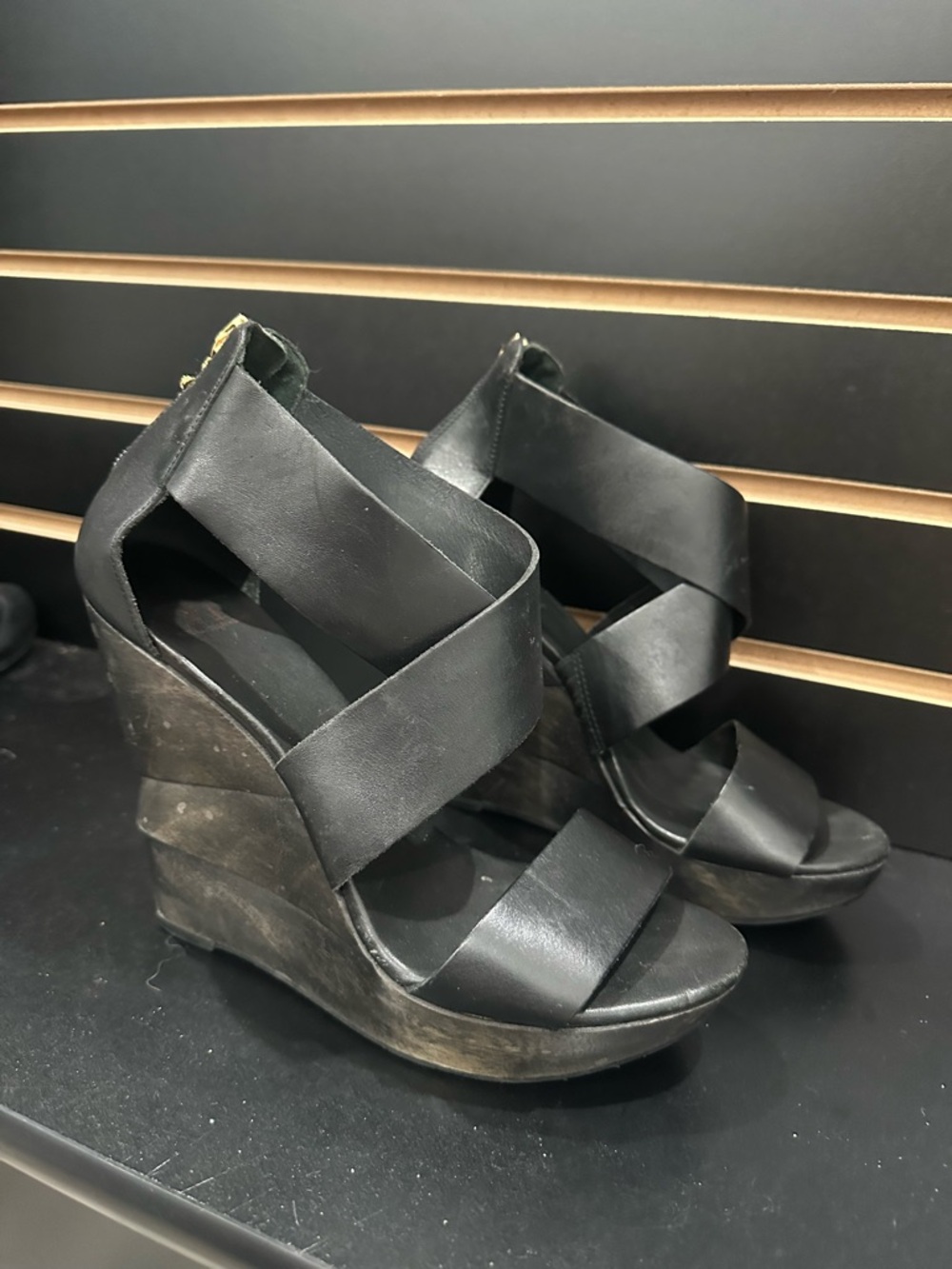 Diane Von Furstenberg Black Wedge Sandals with Wide Straps - Women's